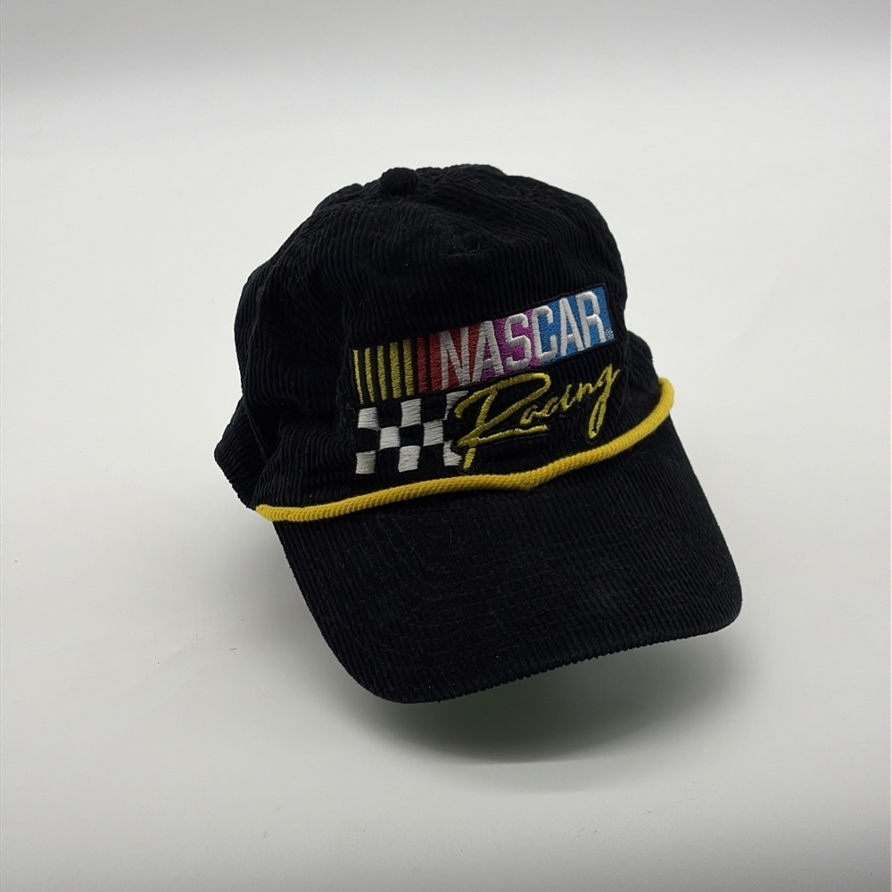 NASCAR RACING Corduroy Baseball Trucker‎ Hat Cap Black Yellow Rope SnapBack
